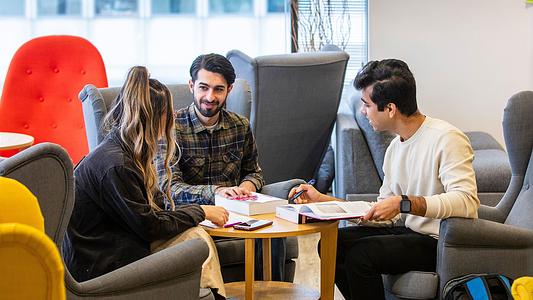 Postgraduate students studying together in the library.