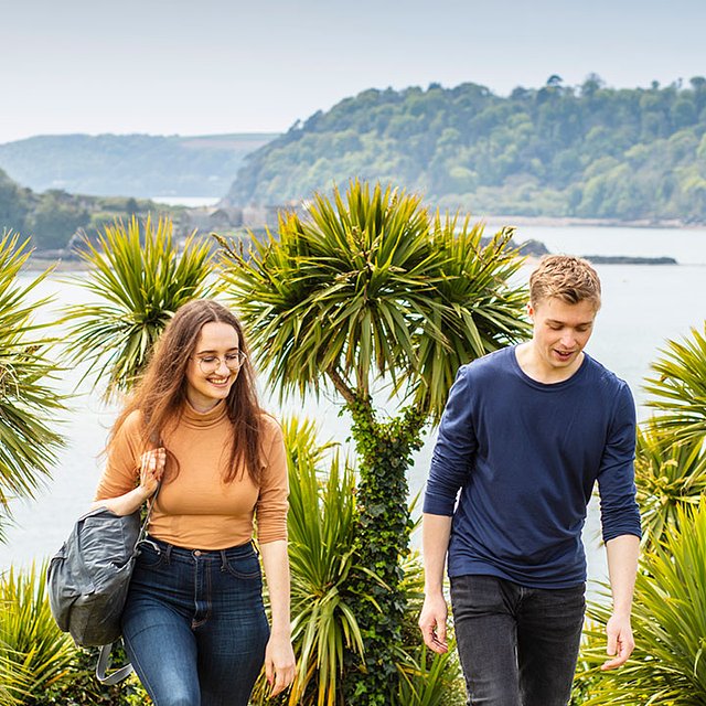 After you apply - Podcast. 2 students walking through palm trees 