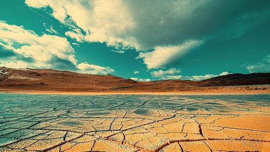 Cracked earth at the site of a dried lake.