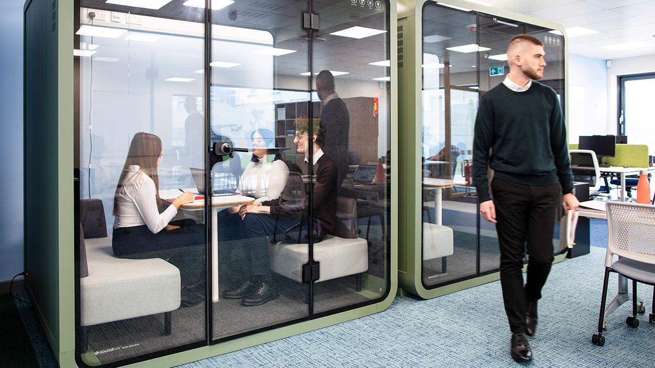 Students use the sound-proof booths in the law clinic